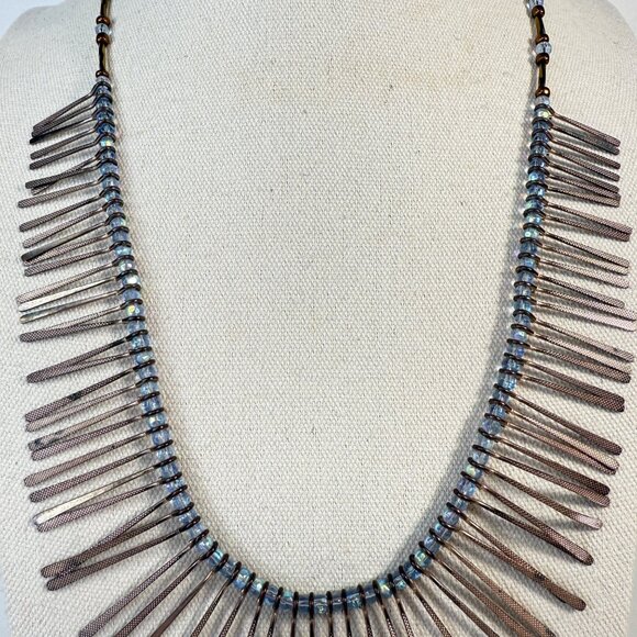 Cleopatra Fringe Necklace Silver Tone Blue Beads Long Length Statement - Picture 5 of 8